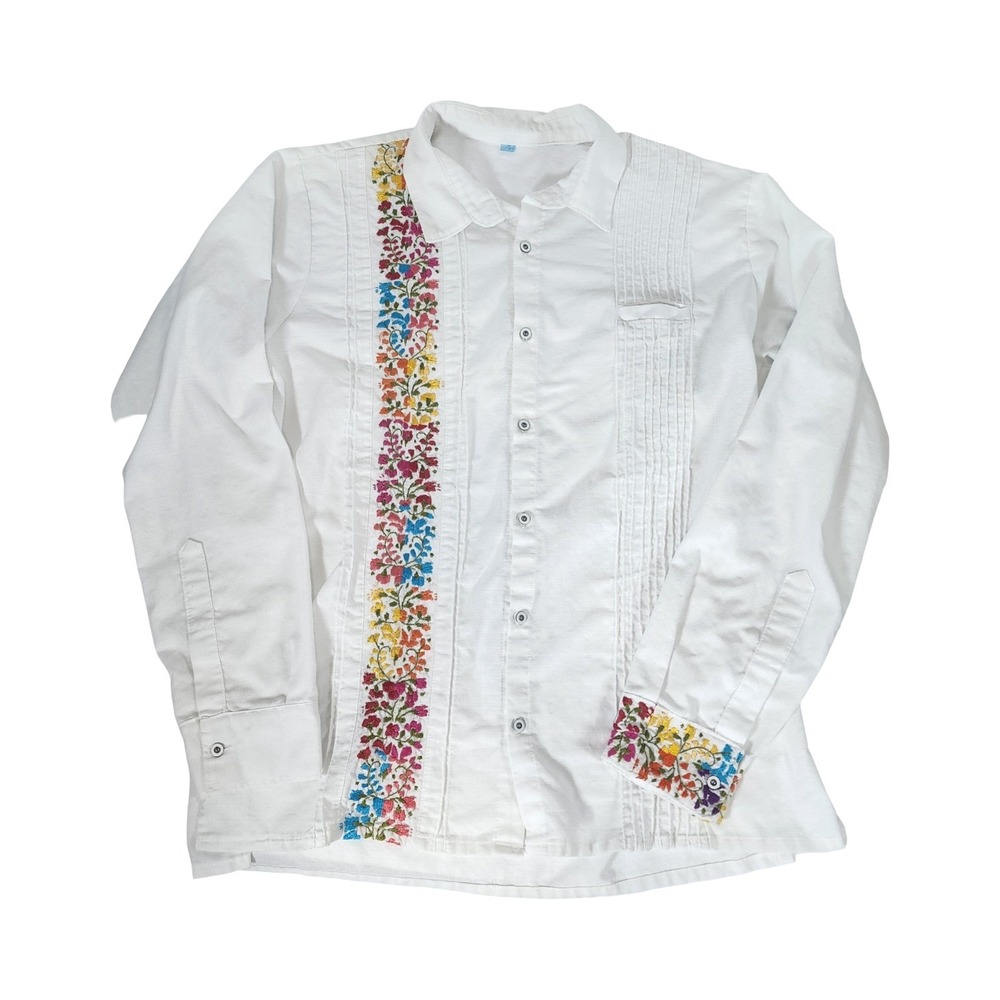 San Antonino Mens Long Sleeve Floral Flowers Linen Guayabera L/XL Button Shirt